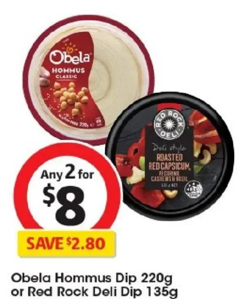 Obela Hommus Dip 220g or Red Rock Deli Dip 135g