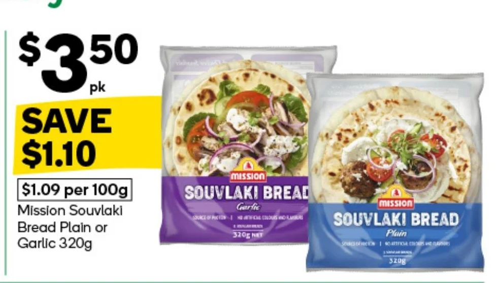 Mission Souvlaki Bread Plain or Garlic 320g