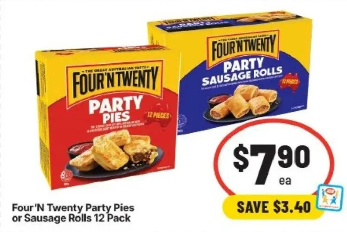 Four'N Twenty Party Pies or Sausage Rolls 12 Pack