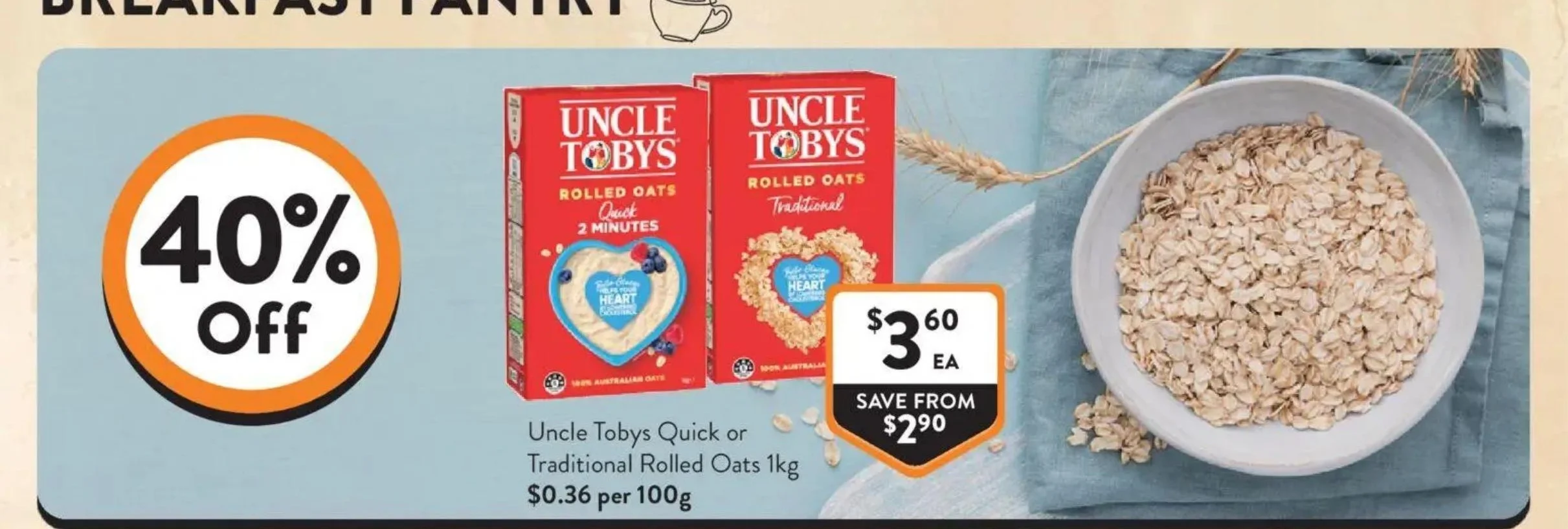 Uncle Tobys Quick or Traditional Rolled Oats 1kg