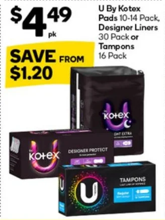 U By Kotex Pads 10-14 Pack, Designer Liners 30 Pack or Tampons 16 Pack