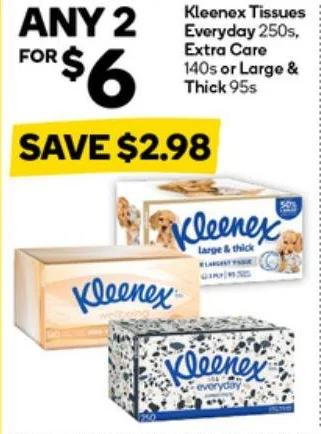 Kleenex Tissues Everyday 250s, Extra Care 140s or Large & Thick 95s